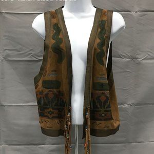 Vintage~Linda Harris~Unisex Multicolor Brown Native Inspired Leather Vest